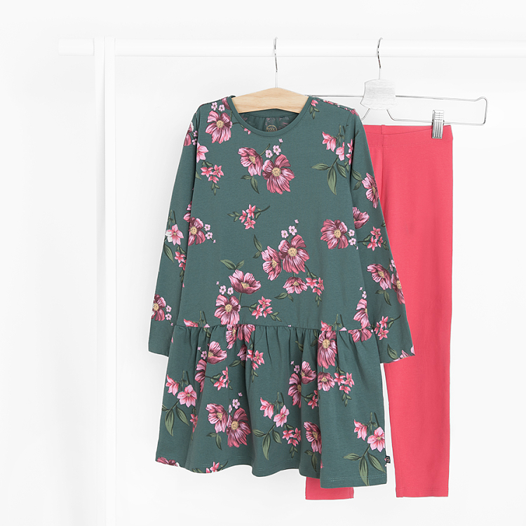 Green floral dress and red leggings set- 2 pieces