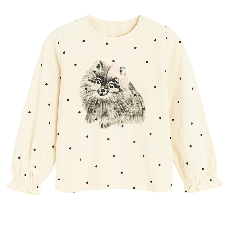 Ecru polka dot blouse with dog with bow print