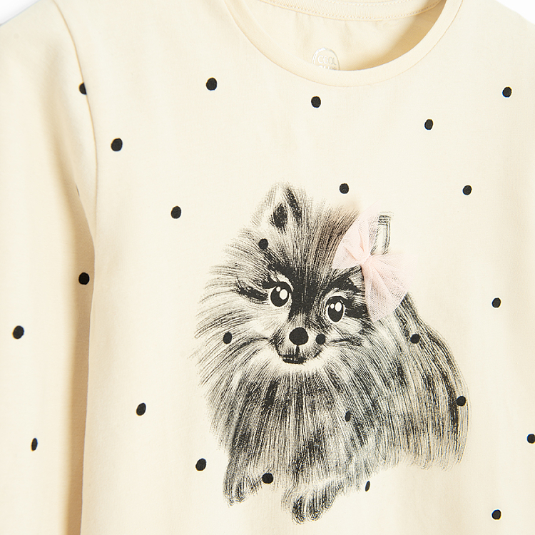 Ecru polka dot blouse with dog with bow print