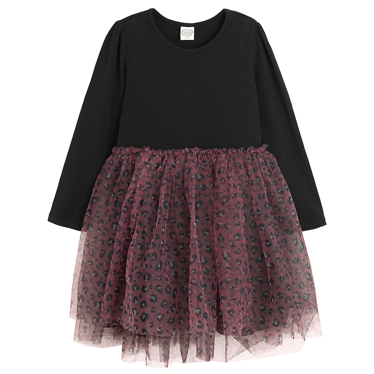 Black with pink animal print tulle skirt long sleeve dress