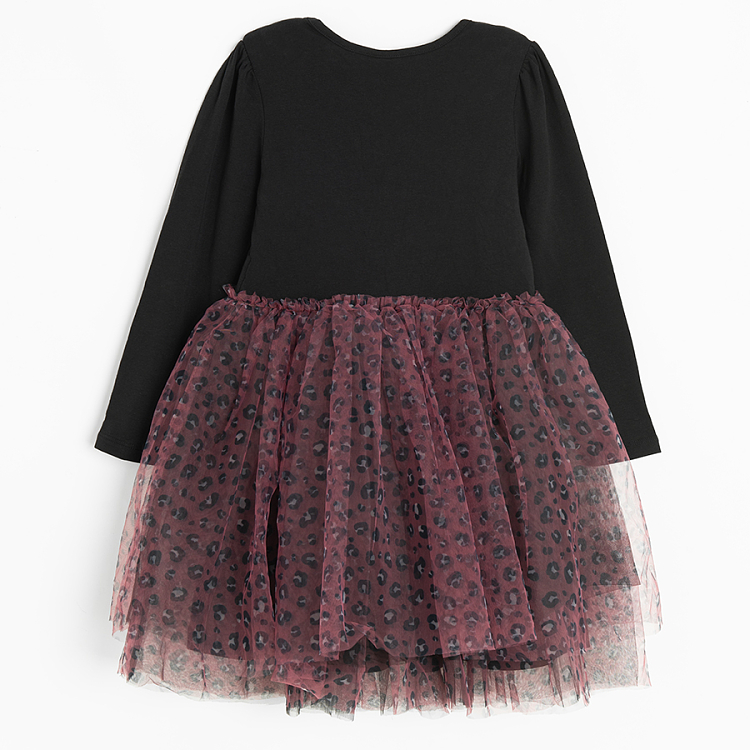 Black with pink animal print tulle skirt long sleeve dress