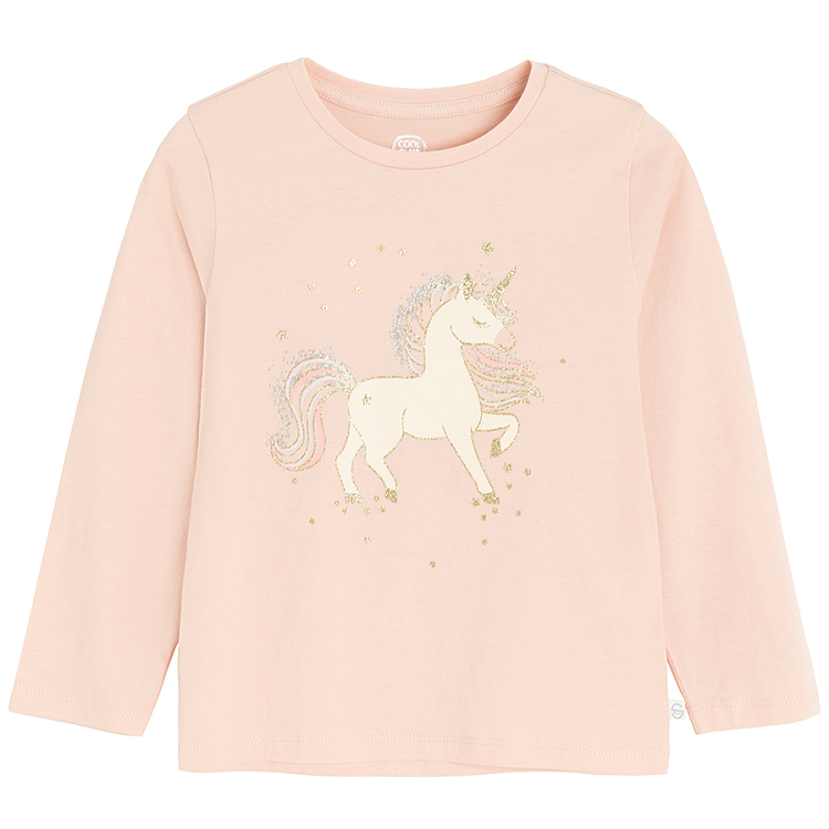 Ecru, violet, pink long sleeve blouses with unicorn print