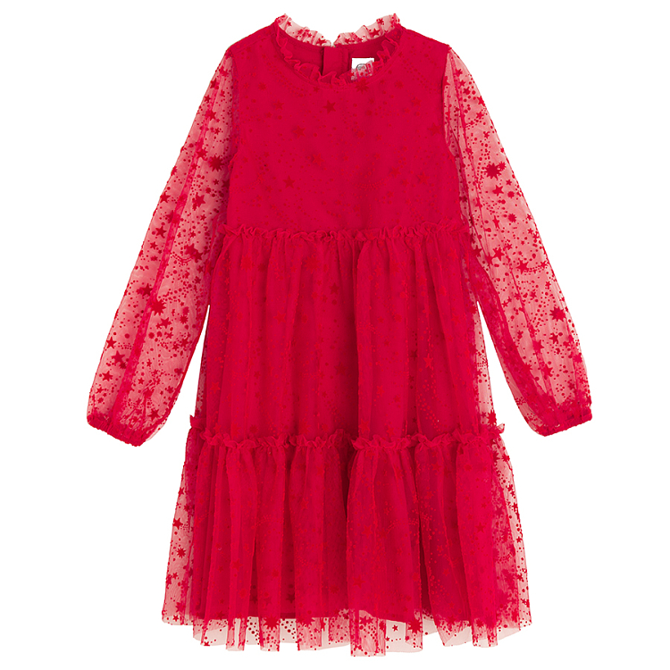 Red long sleeve classic dress with tulle