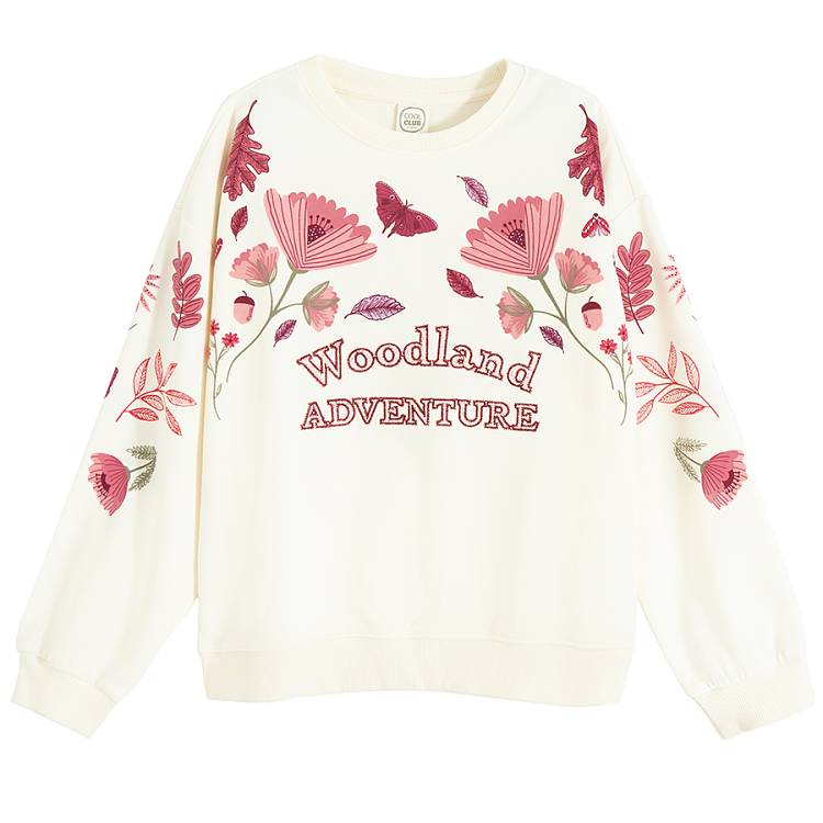 White sweatshirt with red flowers and Woodland Adventure print