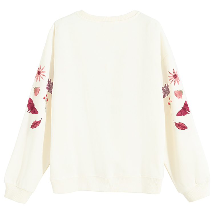 White sweatshirt with red flowers and Woodland Adventure print