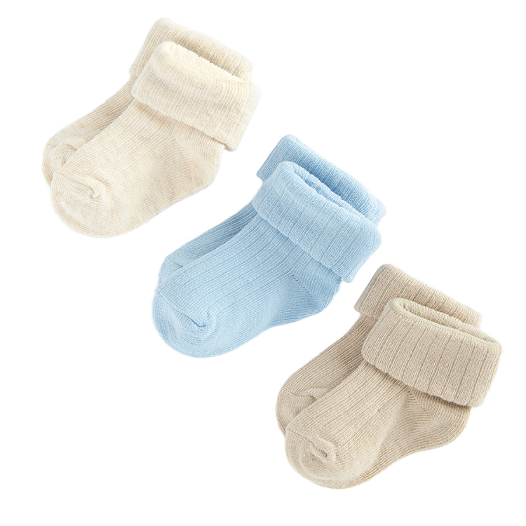 Beige, ecru and blue socks- 3 pack