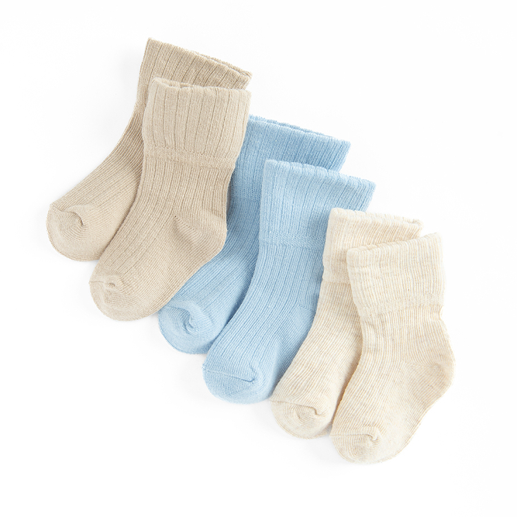 Beige, ecru and blue socks- 3 pack