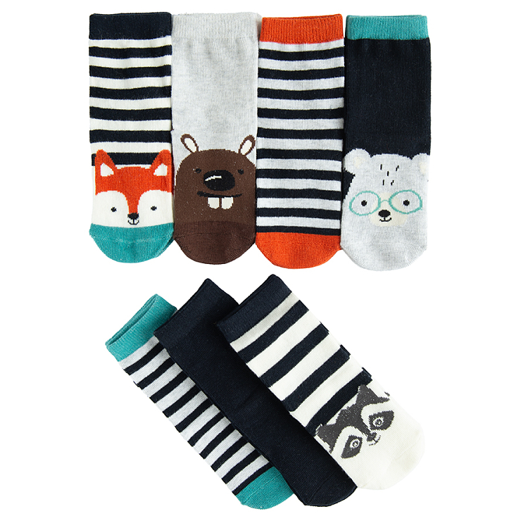 Striped socks with various animals print- 7 pack