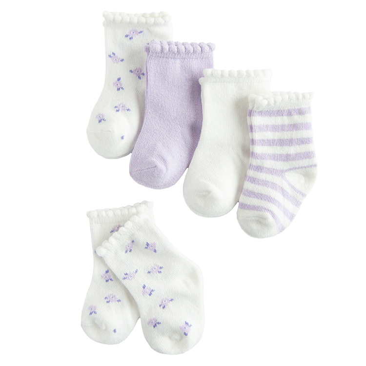 White and purple ribbed socks - 5 pack