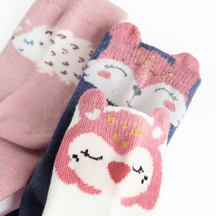 White, pink, blue socks with forest animals print- 5 pack