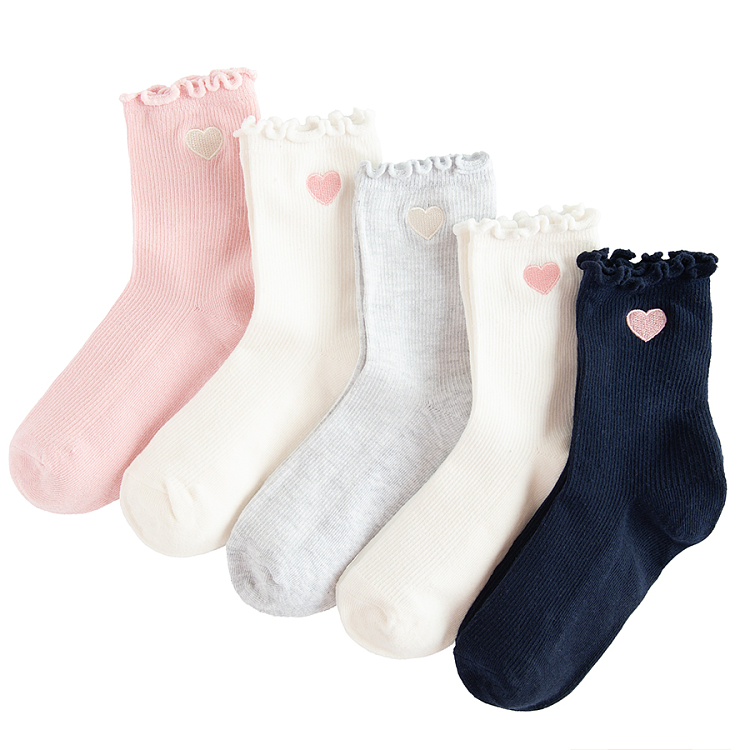 Pink, white, blue socks with small heart print- 3 pack