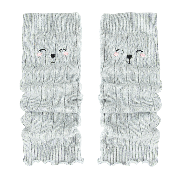 Grey leg warmers with kitten pattern