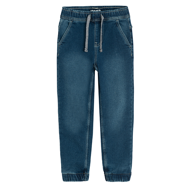 Blue denim pants with elastic waist