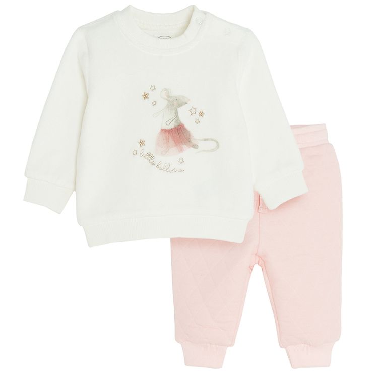 White long sleeve blouse with ballerina print and pink quilted jogging pants