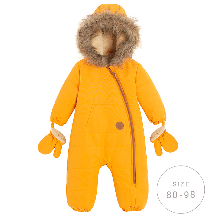 Yellow footless hooded snowsuit with side zipper