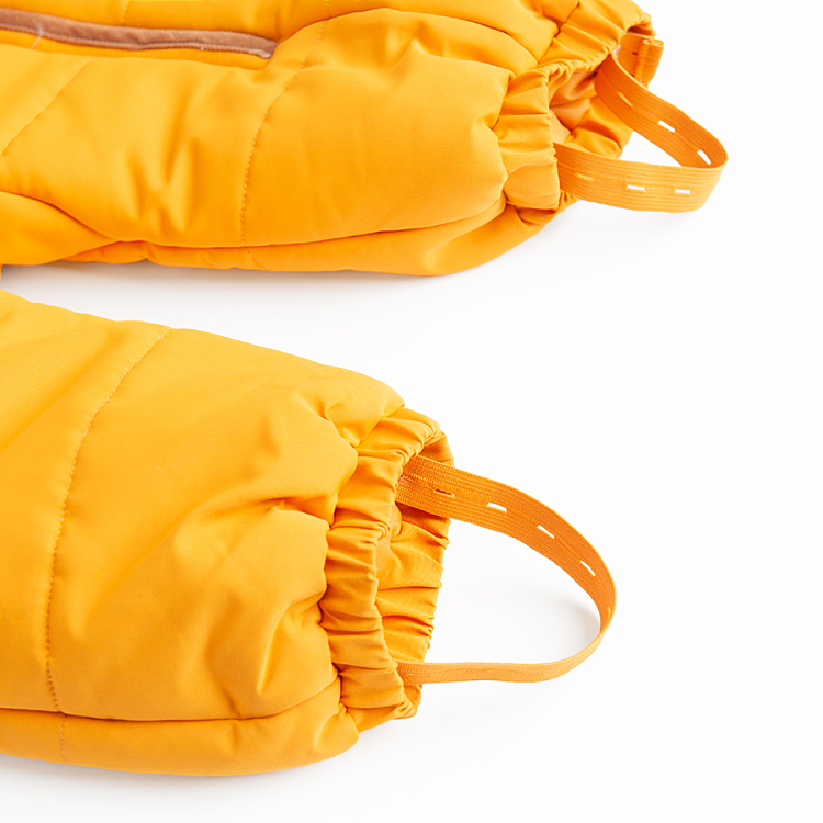 Yellow footless hooded snowsuit with side zipper