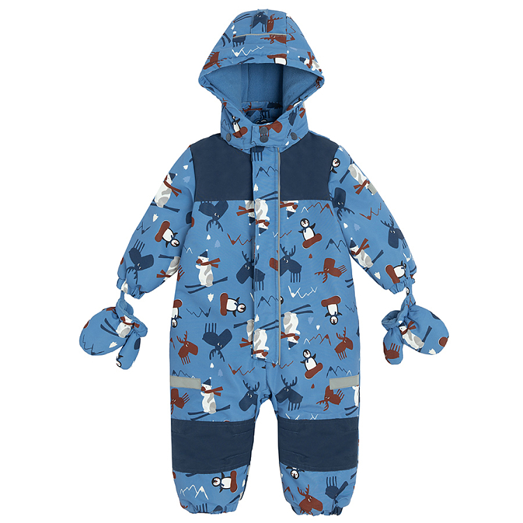 Blue footless hooded snowsuit with arctic animals print