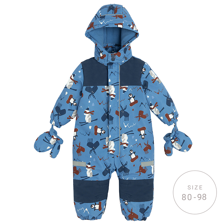 Blue footless hooded snowsuit with arctic animals print