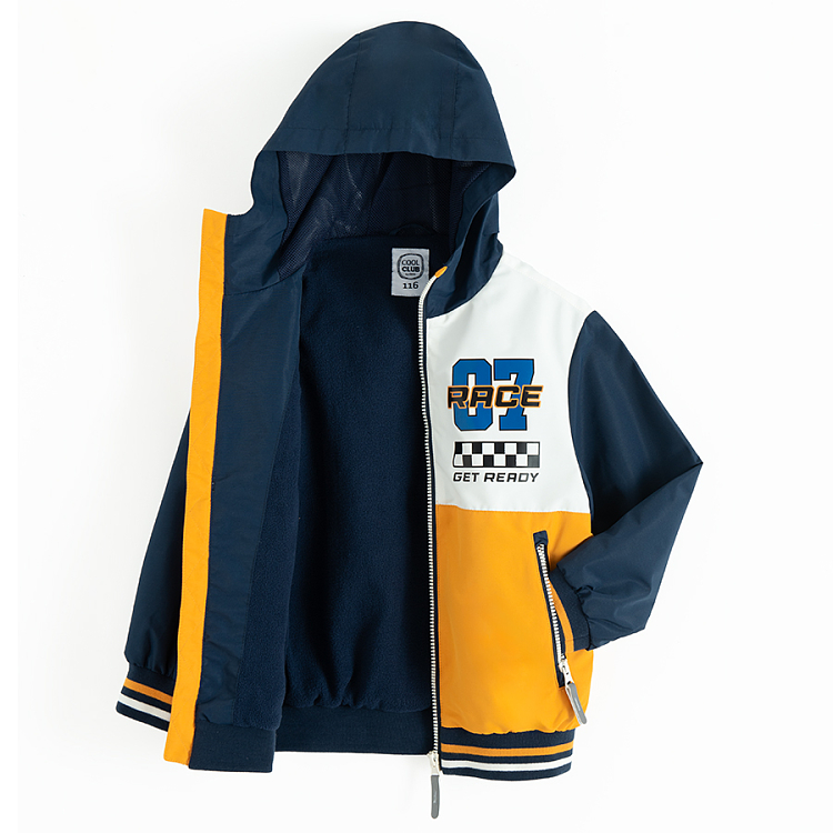 White, yellow, blue hooded light jacket