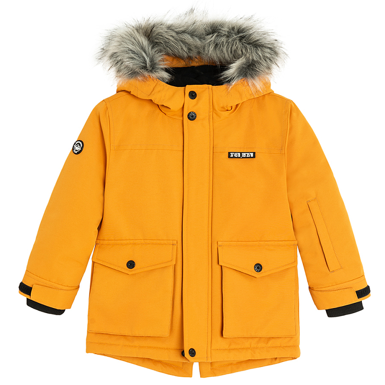 Yellow hooded zip through winter jacket