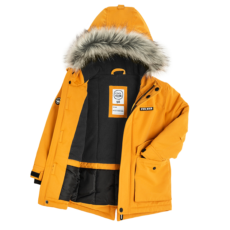 Yellow hooded zip through winter jacket