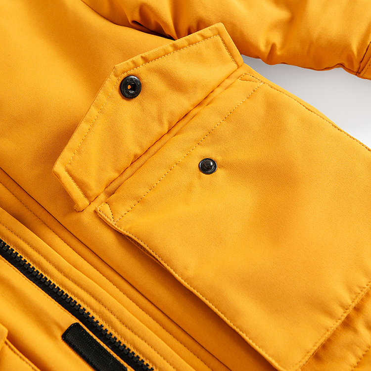 Yellow hooded zip through winter jacket