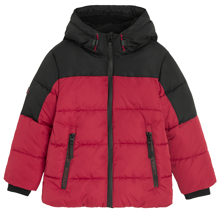 Black and red hooded winter jacket