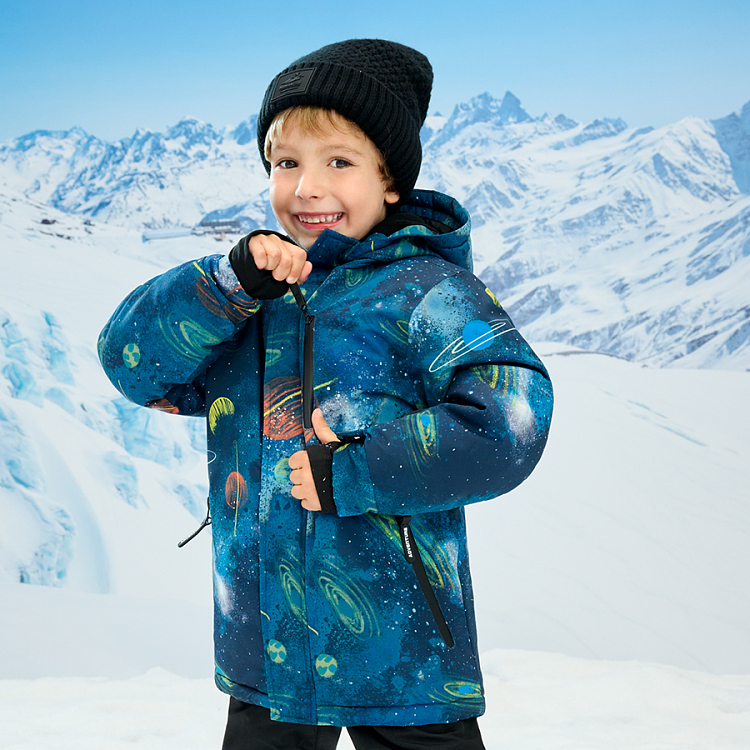 Blue hooded ski jacket with universe print