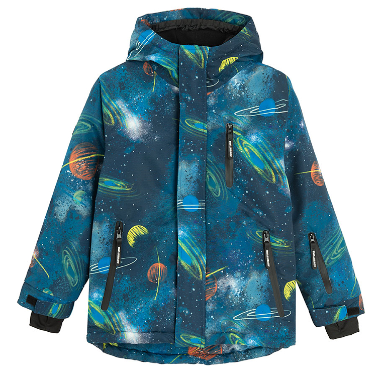 Blue hooded ski jacket with universe print