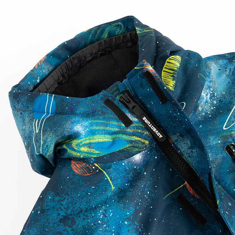 Blue hooded ski jacket with universe print