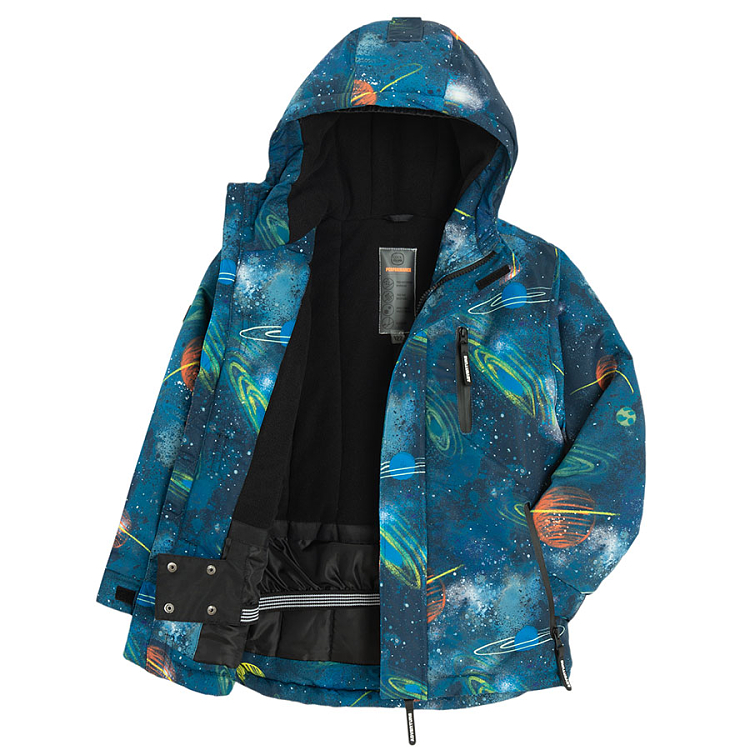 Blue hooded ski jacket with universe print