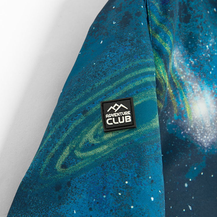 Blue hooded ski jacket with universe print