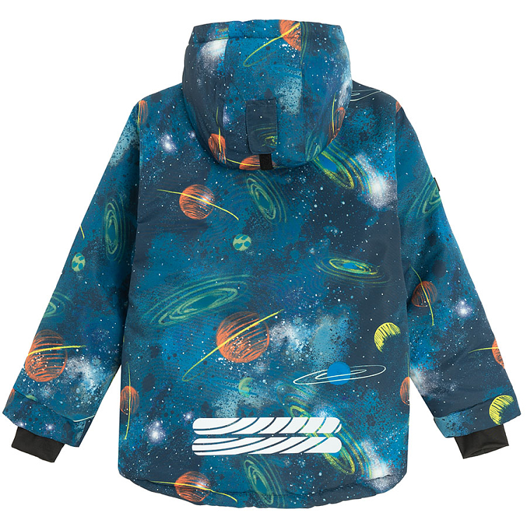 Blue hooded ski jacket with universe print