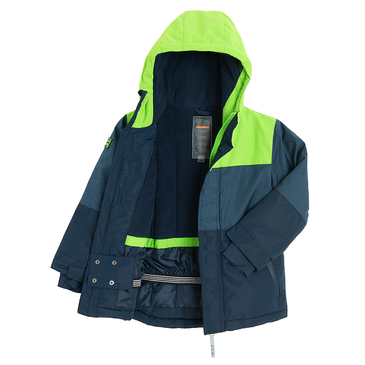 Blue and green fluo hooded ski jacket