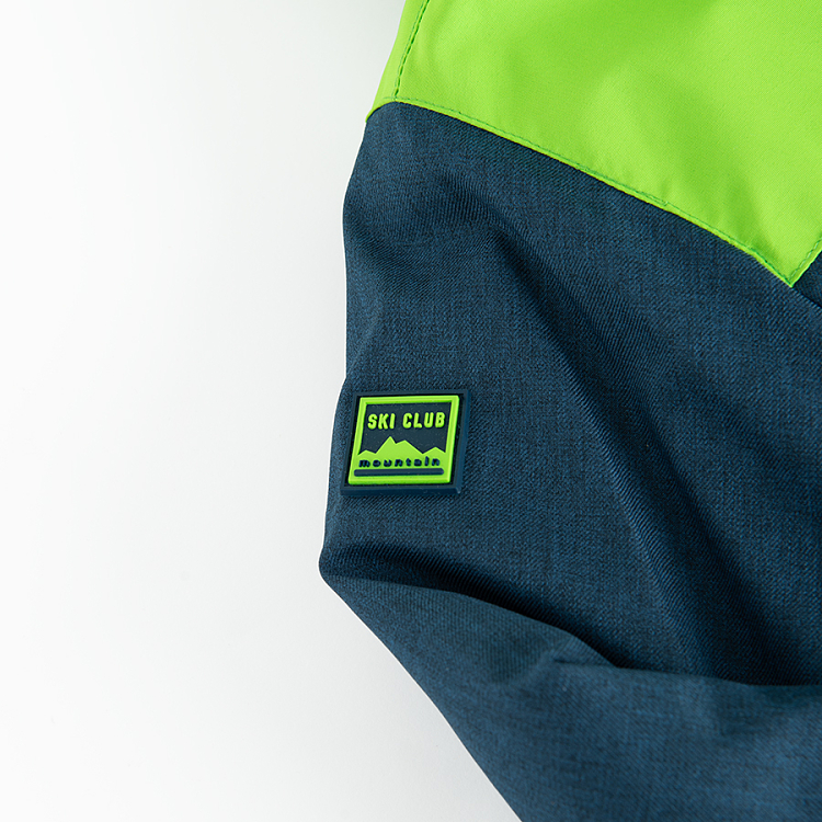 Blue and green fluo hooded ski jacket