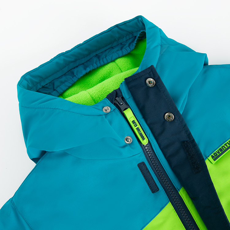 Blue and fluo hooded ski jacket