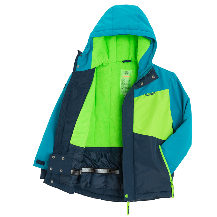 Blue and fluo hooded ski jacket