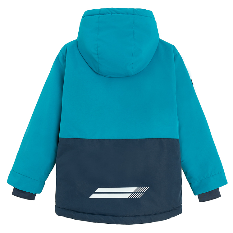 Blue and fluo hooded ski jacket