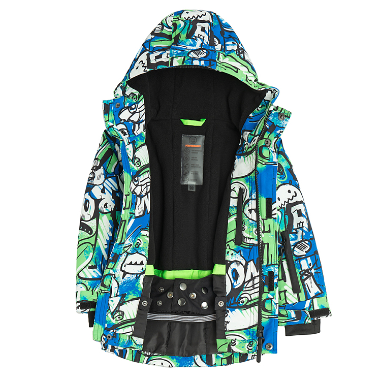 Blue and fluo hooded ski jacket