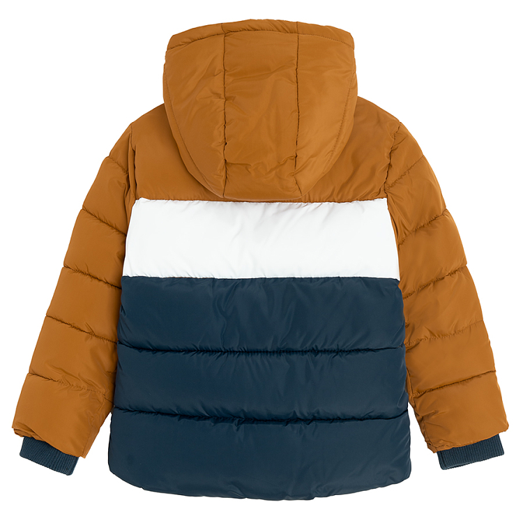 Blue, white,brown hooded winter jacket