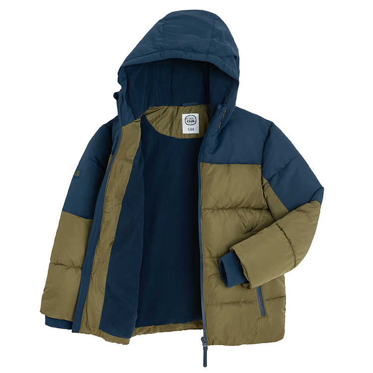 Green and blue hooded winter jacket