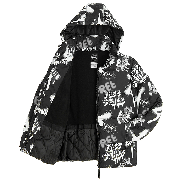 Black with white graffitti hooded winter jacket