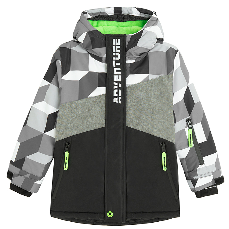 Checked black and grey hooded ski jacket with fluo details