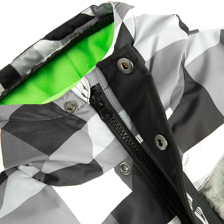 Checked black and grey hooded ski jacket with fluo details