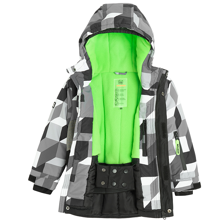 Checked black and grey hooded ski jacket with fluo details