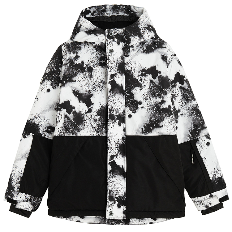 Blue and white paint splash hooded ski jacket