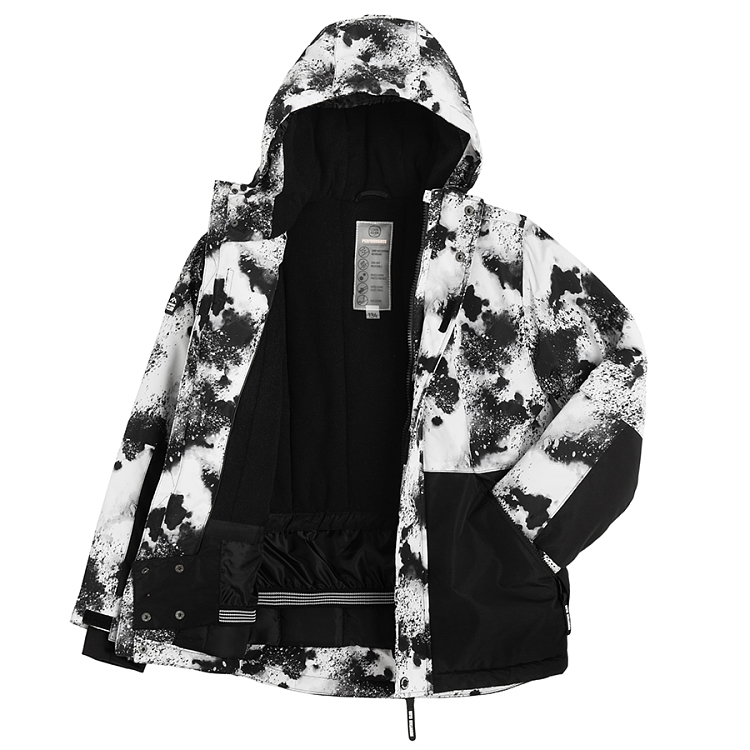 Blue and white paint splash hooded ski jacket