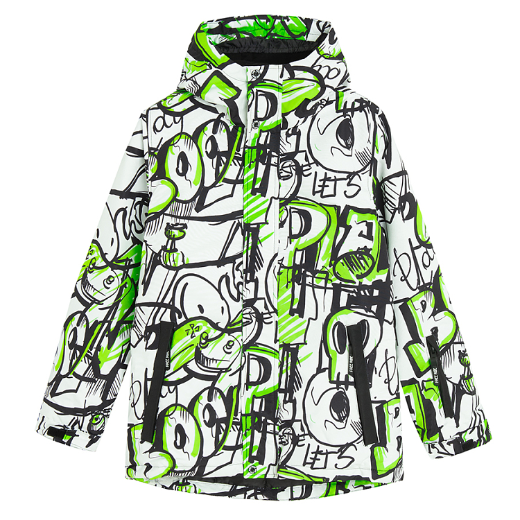 Black and white graffitti hooded ski jacket