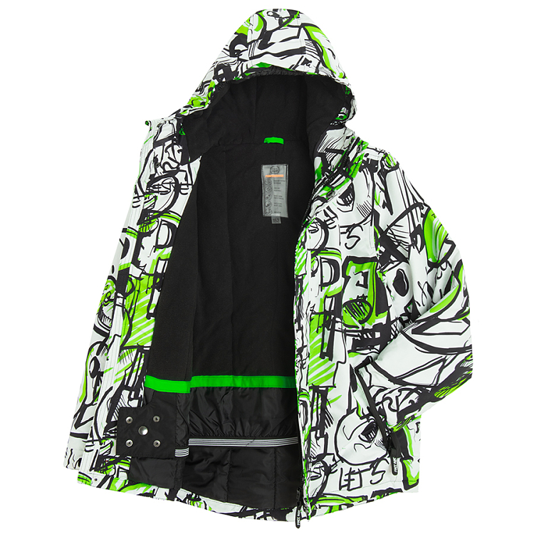 Black and white graffitti hooded ski jacket