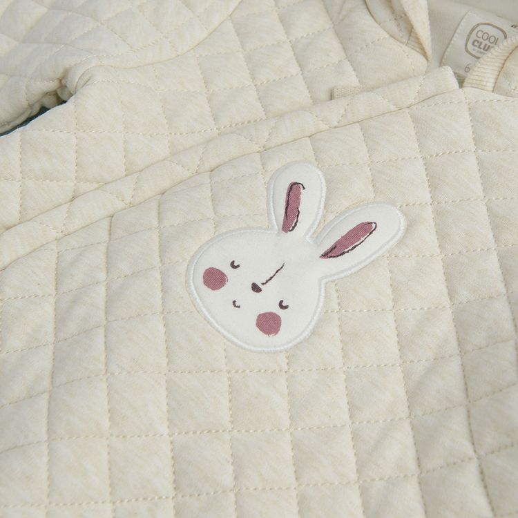 Beige hooded pramsuit with side zipper and bunny print